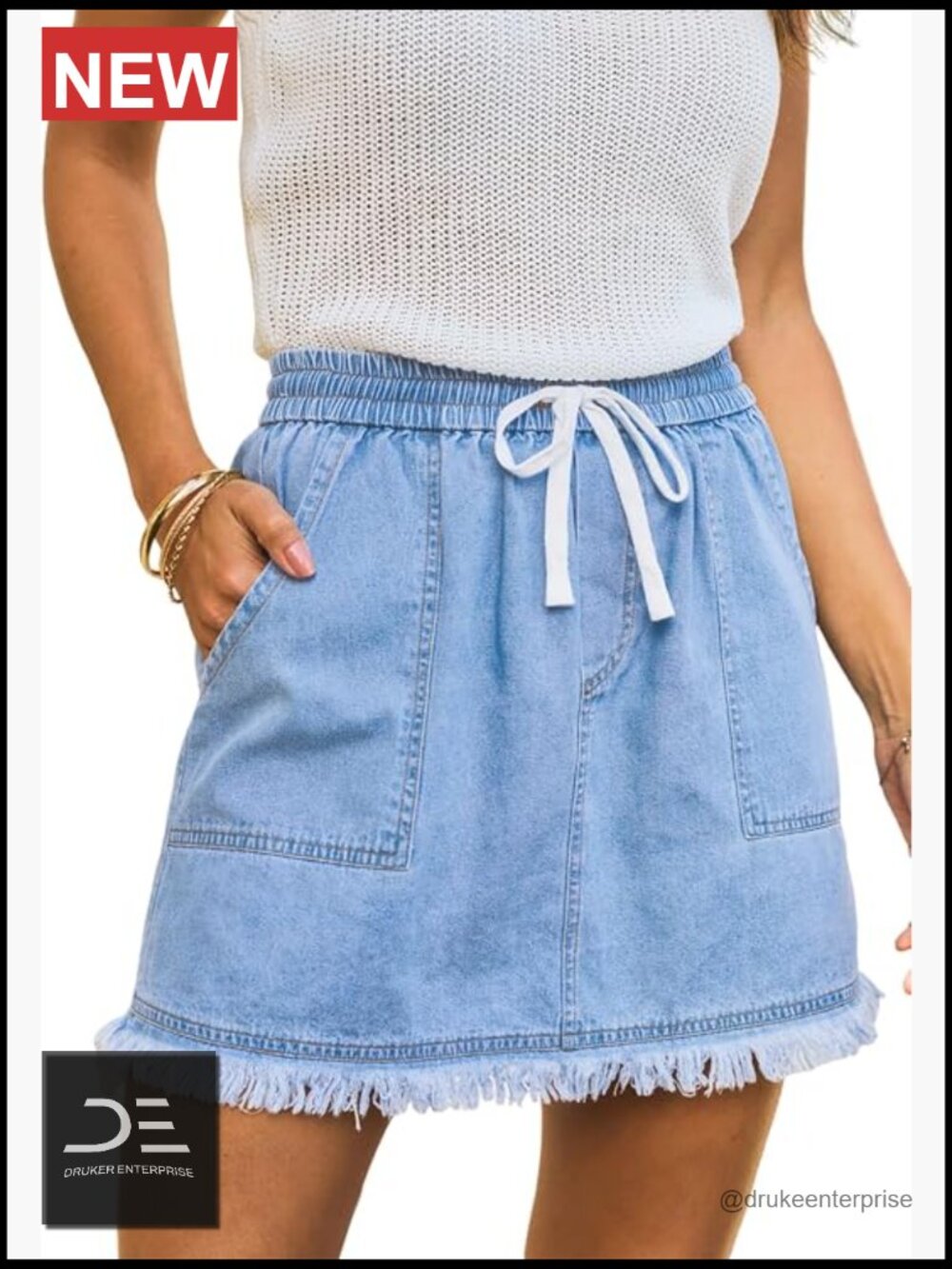 High Waist Denim Mini Skirt Drawstring Elastic Waist Frayed Hem